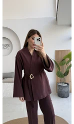 Poppy Toka Kemerli Ceket Pantolon Takım - Mürdüm - Kod: 9021