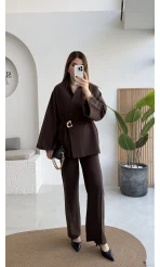 Poppy Toka Kemerli Ceket Pantolon Takım - Kahve - Kod: 9021