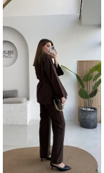 Poppy Toka Kemerli Ceket Pantolon Takım - Kahve - Kod: 9021