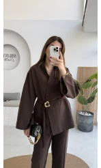 Poppy Toka Kemerli Ceket Pantolon Takım - Kahve - Kod: 9021