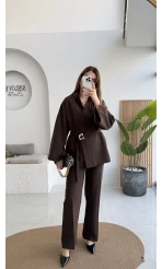 Poppy Toka Kemerli Ceket Pantolon Takım - Kahve - Kod: 9021