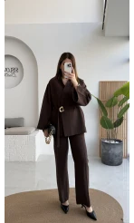 Poppy Toka Kemerli Ceket Pantolon Takım - Kahve - Kod: 9021