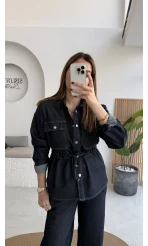 Beli Büzgülü Kot Ceket Takım - Lacivert