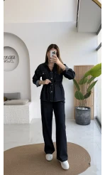 Beli Büzgülü Kot Ceket Takım - Lacivert