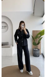 Beli Büzgülü Kot Ceket Takım - Lacivert