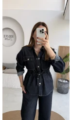 Beli Büzgülü Kot Ceket Takım - Lacivert