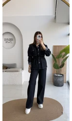 Beli Büzgülü Kot Ceket Takım - Lacivert