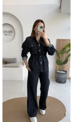 Beli Büzgülü Kot Ceket Takım - Lacivert