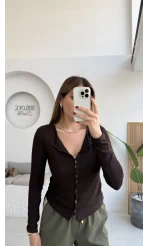 Ella Düğmeli Uzun Triko Hırka - Kahverengi