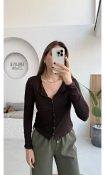 Ella Düğmeli Uzun Triko Hırka - Kahverengi