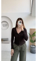 Ella Düğmeli Uzun Triko Hırka - Kahverengi