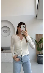 Ella Düğmeli Uzun Triko Hırka - Ekru