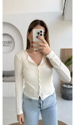 Ella Düğmeli Uzun Triko Hırka - Ekru
