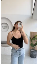Uzun Göğüs Pedli İnce Askılı Body - Siyah