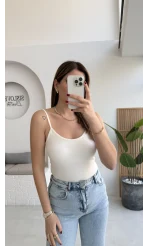 Uzun Göğüs Pedli İnce Askılı Body - Ekru