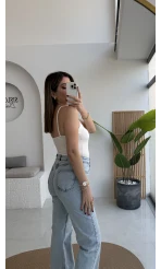 Uzun Göğüs Pedli İnce Askılı Body - Ekru