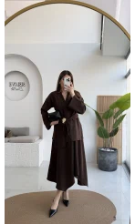 Sienna Aksesuar Kuşaklı Kimono-Etek Takım - Acı Kahve - Kod: 7047 5063