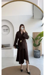 Sienna Aksesuar Kuşaklı Kimono-Etek Takım - Acı Kahve - Kod: 7047 5063