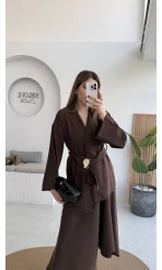 Sienna Aksesuar Kuşaklı Kimono-Etek Takım - Acı Kahve - Kod: 7047 5063