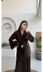 Sienna Aksesuar Kuşaklı Kimono-Etek Takım - Acı Kahve - Kod: 7047 5063