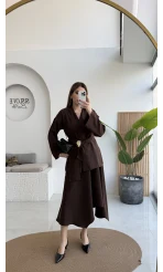 Sienna Aksesuar Kuşaklı Kimono-Etek Takım - Acı Kahve - Kod: 7047 5063