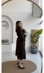 Sienna Aksesuar Kuşaklı Kimono-Etek Takım - Acı Kahve - Kod: 7047 5063