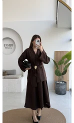 Sienna Aksesuar Kuşaklı Kimono-Etek Takım - Acı Kahve - Kod: 7047 5063