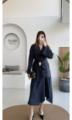 Sienna Aksesuar Kuşaklı Kimono-Etek Takım - Lacivert - Kod: 7047 5063