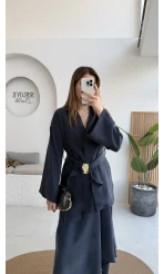 Sienna Aksesuar Kuşaklı Kimono-Etek Takım - Lacivert - Kod: 7047 5063