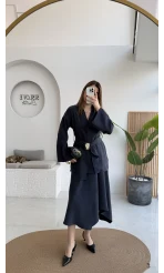 Sienna Aksesuar Kuşaklı Kimono-Etek Takım - Lacivert - Kod: 7047 5063