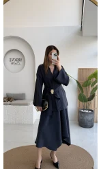 Sienna Aksesuar Kuşaklı Kimono-Etek Takım - Lacivert - Kod: 7047 5063