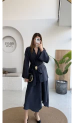 Sienna Aksesuar Kuşaklı Kimono-Etek Takım - Lacivert - Kod: 7047 5063