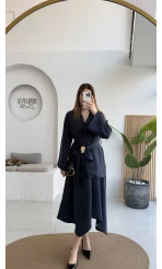 Sienna Aksesuar Kuşaklı Kimono-Etek Takım - Lacivert - Kod: 7047 5063