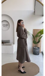 Sienna Aksesuar Kuşaklı Kimono-Etek Takım - Haki - Kod: 7047 5063