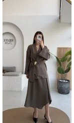 Sienna Aksesuar Kuşaklı Kimono-Etek Takım - Haki - Kod: 7047 5063