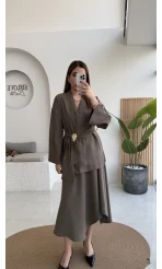 Sienna Aksesuar Kuşaklı Kimono-Etek Takım - Haki - Kod: 7047 5063