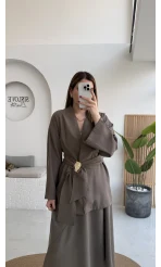 Sienna Aksesuar Kuşaklı Kimono-Etek Takım - Haki - Kod: 7047 5063
