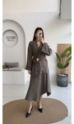 Sienna Aksesuar Kuşaklı Kimono-Etek Takım - Haki - Kod: 7047 5063