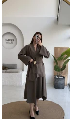 Sienna Aksesuar Kuşaklı Kimono-Etek Takım - Haki - Kod: 7047 5063