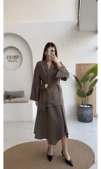 Sienna Aksesuar Kuşaklı Kimono-Etek Takım - Haki - Kod: 7047 5063