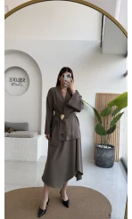 Sienna Aksesuar Kuşaklı Kimono-Etek Takım - Haki - Kod: 7047 5063