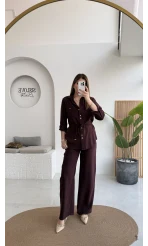 Chesley Kuşaklı Gömlek-Pantolon Takım - Bordo - Kod: 51280