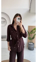 Chesley Kuşaklı Gömlek-Pantolon Takım - Bordo - Kod: 51280