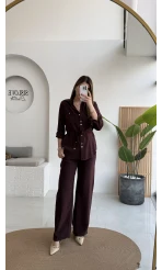 Chesley Kuşaklı Gömlek-Pantolon Takım - Bordo - Kod: 51280