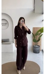 Chesley Kuşaklı Gömlek-Pantolon Takım - Bordo - Kod: 51280