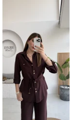 Chesley Kuşaklı Gömlek-Pantolon Takım - Bordo - Kod: 51280