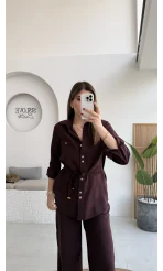 Chesley Kuşaklı Gömlek-Pantolon Takım - Bordo - Kod: 51280