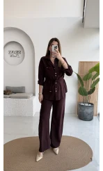 Chesley Kuşaklı Gömlek-Pantolon Takım - Bordo - Kod: 51280