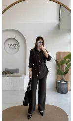 Chesley Kuşaklı Gömlek-Pantolon Takım - Kahve - Kod: 51280