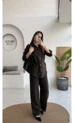 Chesley Kuşaklı Gömlek-Pantolon Takım - Kahve - Kod: 51280